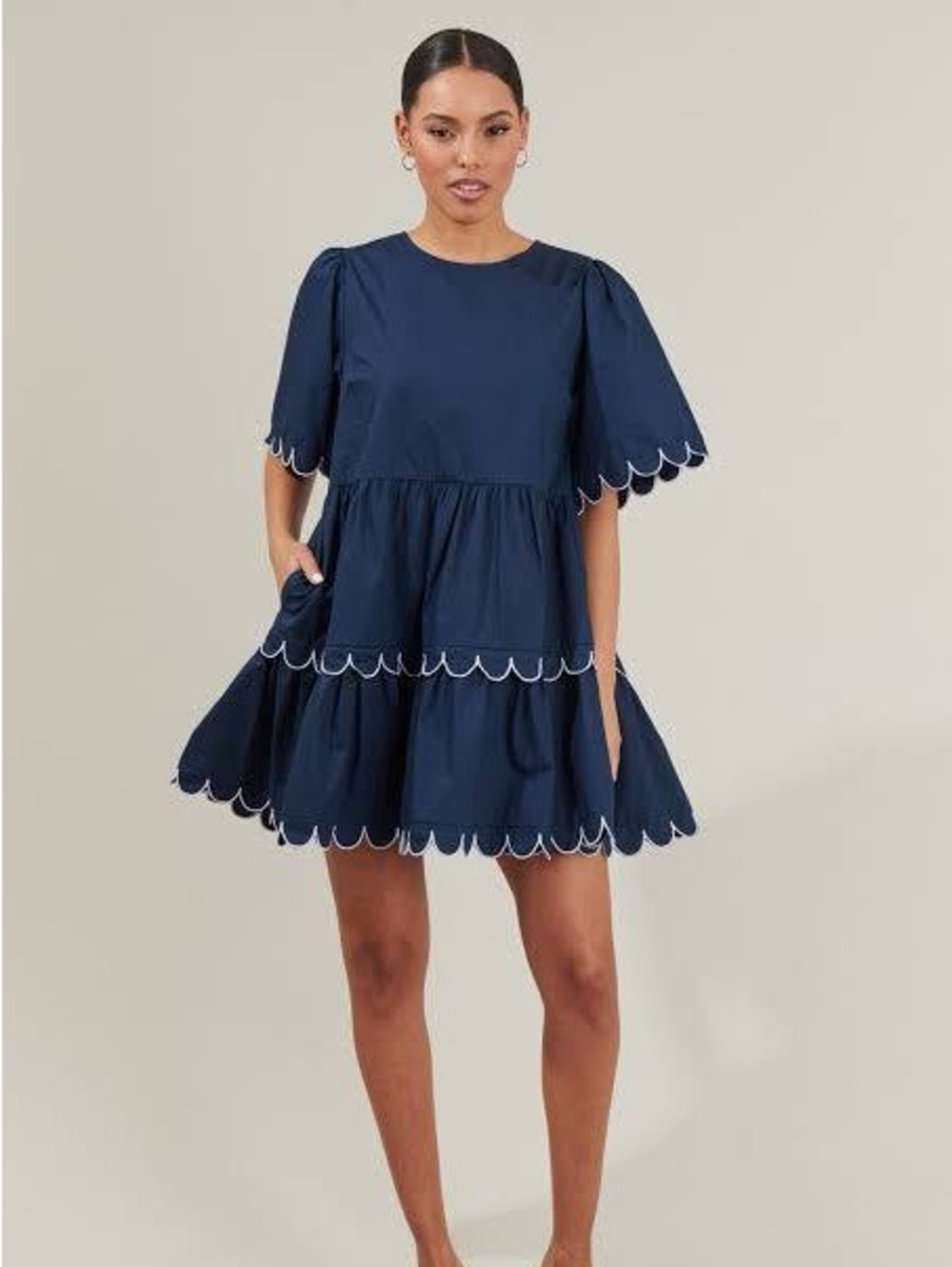 Navy Scallop-Edge Casual Women's Dress